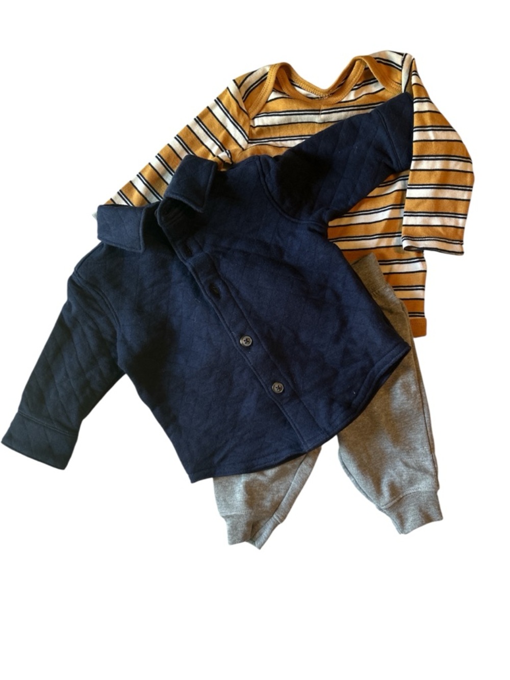 Carter's Just One You Navy Jacket, Mustard Stripe Onesie & Gray Pants 3 Pc Set